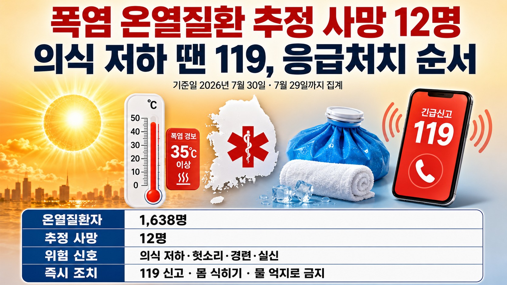 폭염 온열질환 추정 사망 12명…의식 저하 땐 119, 응급처치 순서 핵심 내용 정보형 썸네일