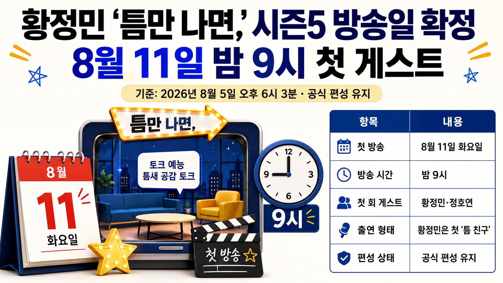 황정민 ‘틈만 나면,’ 시즌5 방송일 확정, 8월 11일 밤 9시 첫 게스트