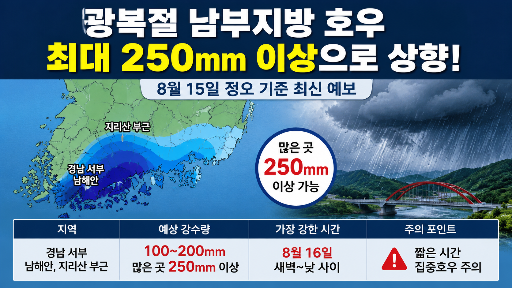 광복절 남부지방 호우 최대 250mm 이상으로 상향, 가장 강한 시간은 언제?