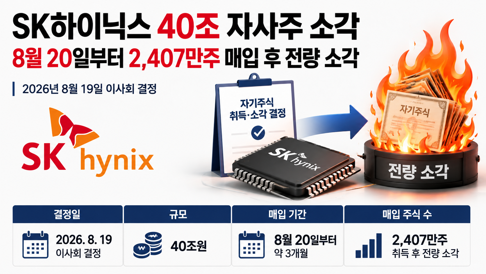 SK하이닉스 40조 자사주 소각, 8월 20일부터 2,407만주 매입 후 전량 소각