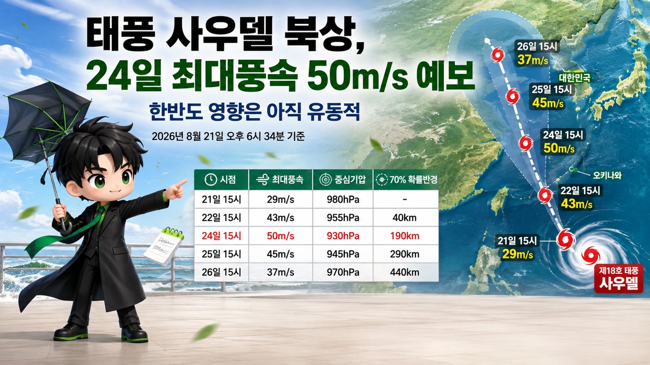 태풍 사우델 북상, 24일 최대풍속 50m/s 예보…한반도 영향은 아직 유동적