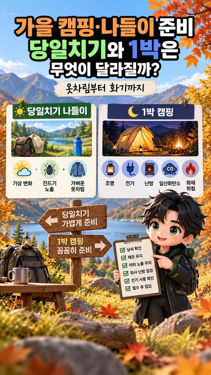 가을 캠핑·나들이 준비, 당일치기와 1박은 무엇이 달라질까—옷차림부터 화기까지