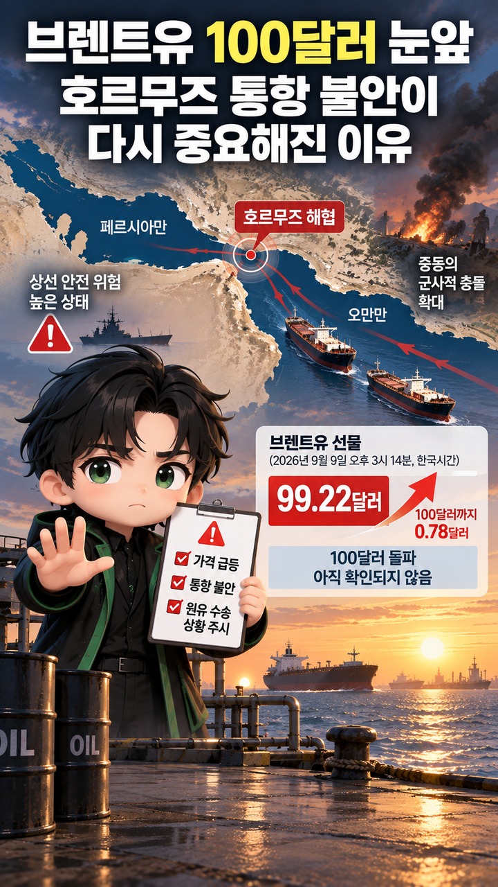 브렌트유 100달러 눈앞, 호르무즈 통항 불안이 다시 중요해진 이유