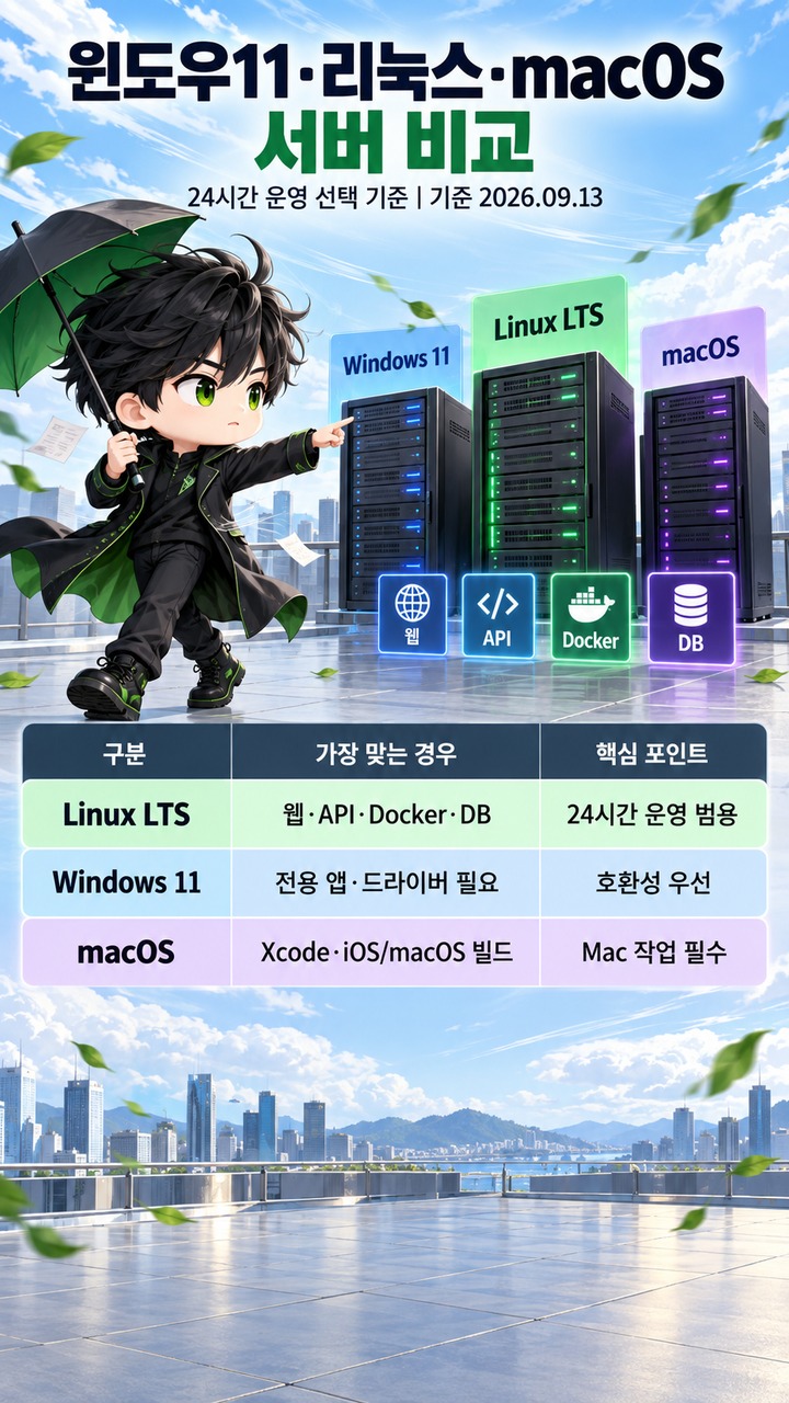 윈도우11·리눅스·macOS 서버 비교# 윈도우11·리눅스·macOS 서버 비교, 24시간 운영에서 갈리는 선택 기준
