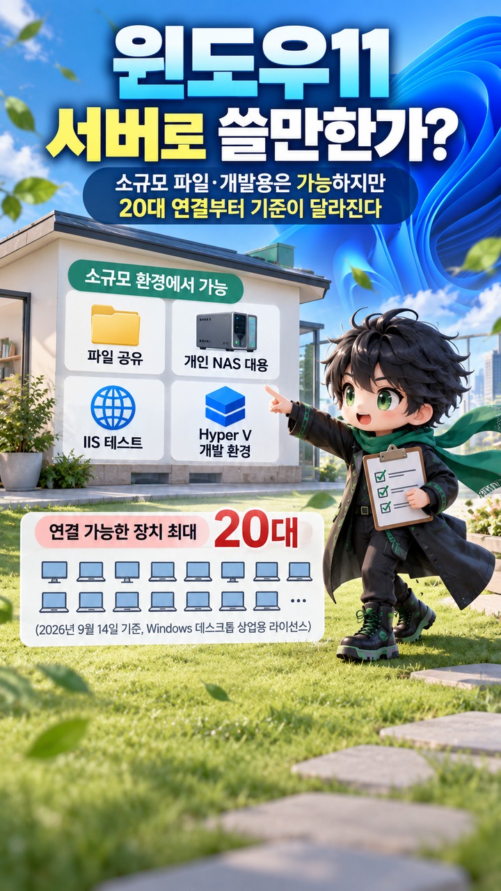 윈도우11 서버로 쓸만한가, 소규모 파일·개발용은 가능하지만 20대 연결부터 기준이 달라진다
