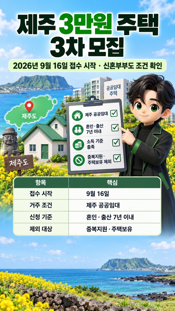 제주 3만원 주택 3차 모집# 제주 3만원 주택 3차 모집 시작, 신혼부부도 공공임대·소득·중복지원 조건을 봐야 한다