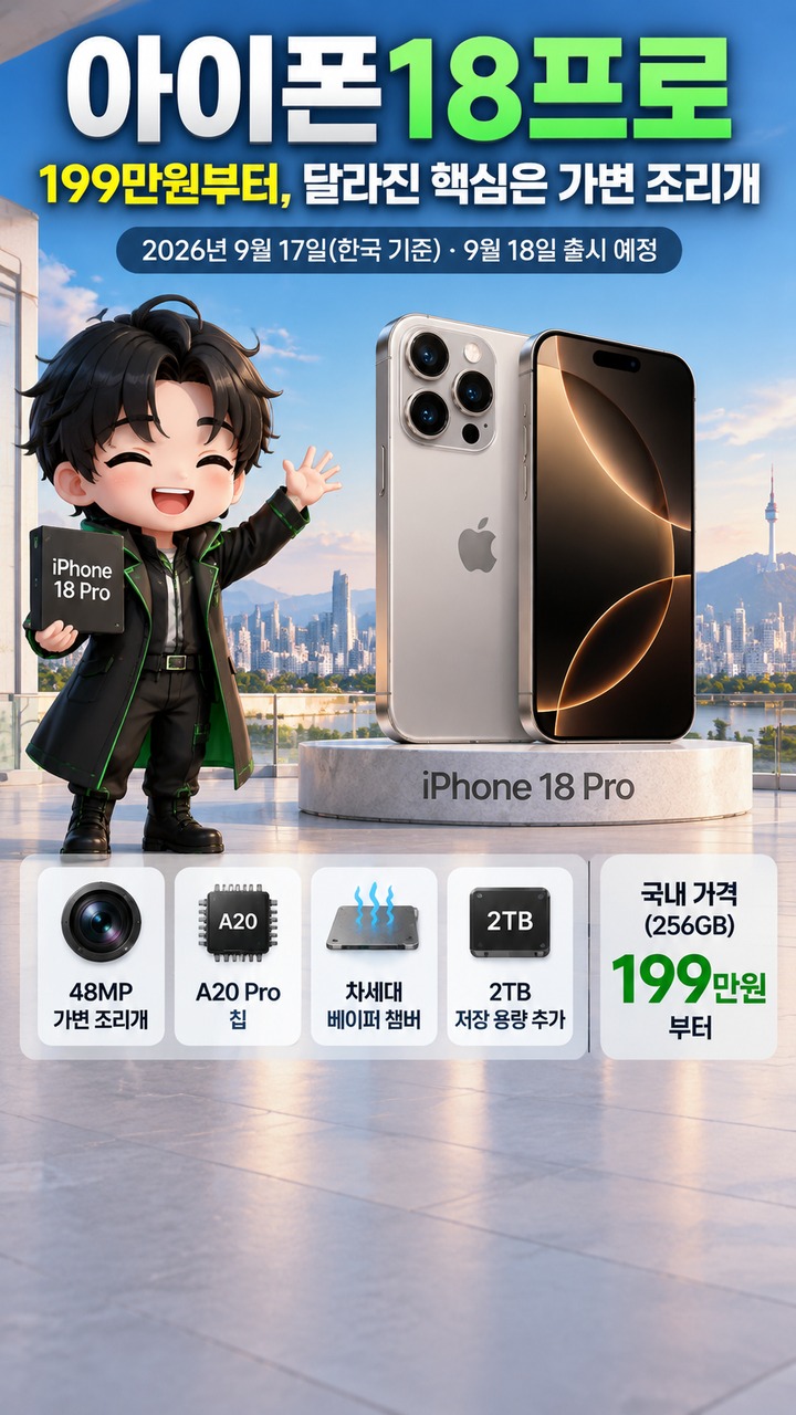 아이폰18프로 특징 및 가격, 199만원부터 달라진 핵심은 가변 조리개# 아이폰18프로 특징 및 가격, 199만원부터 달라진 핵심은 가변 조리개