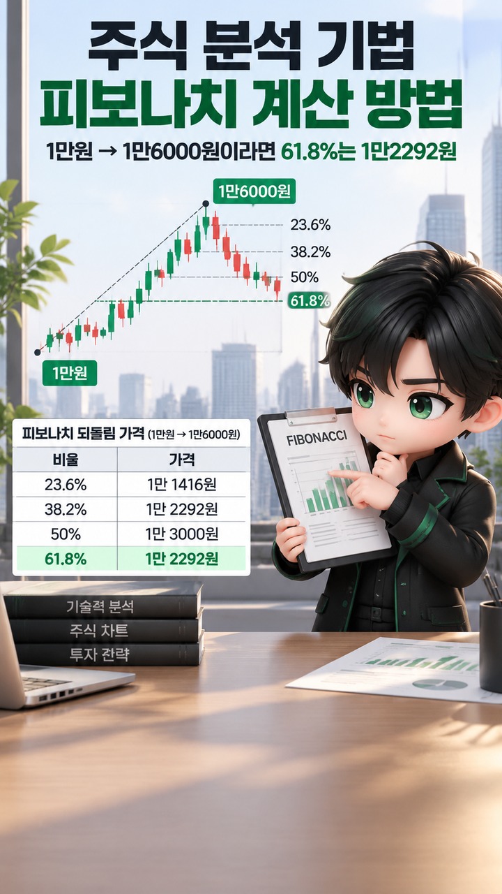 주식 분석 기법 피보나치 계산 방법# 주식 분석 기법 피보나치 계산 방법, 1만원→1만6000원이라면 61.8%는 1만2292원