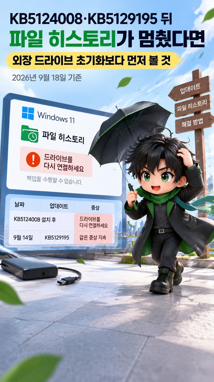 KB5124008·KB5129195 뒤 파일 히스토리가 멈췄다면, 외장 드라이브 초기화보다 먼저 볼 것