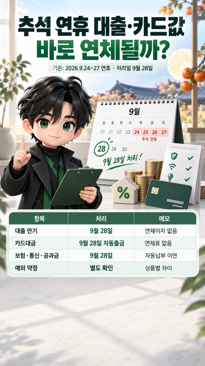 추석 연휴 대출 만기·카드값은 연체될까, 9월 28일 처리와 예외 약정 확인법