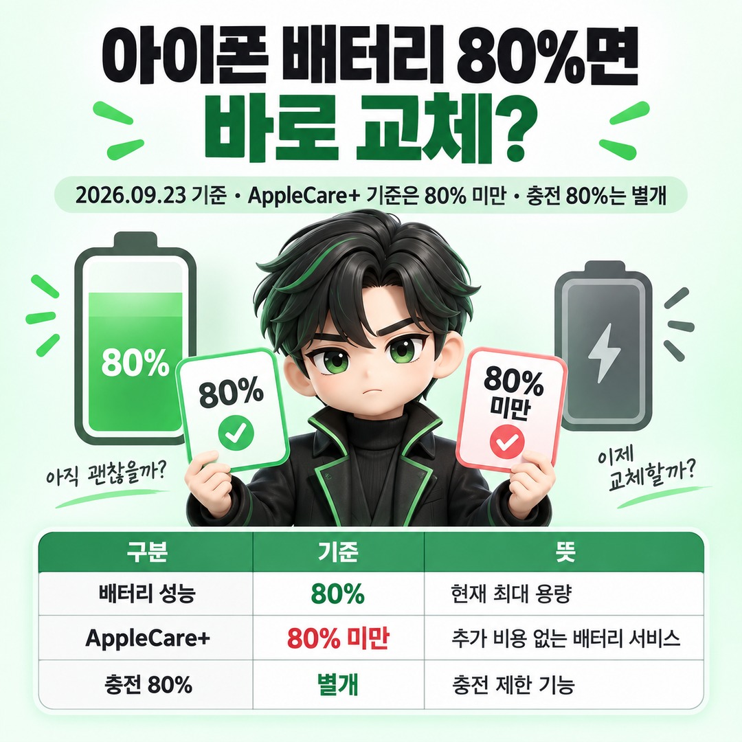 아이폰 배터리 80%면 바로 교체? AppleCare+ 기준은 ‘미만’, 충전 80%는 별개