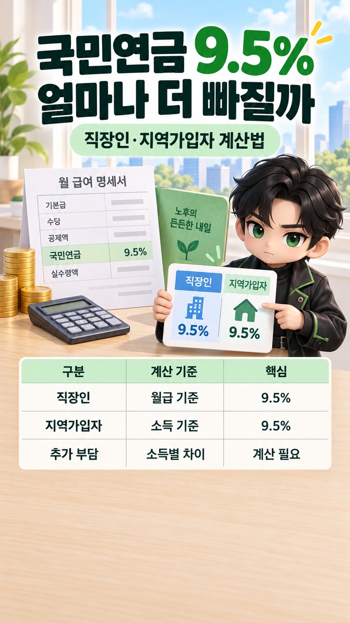 국민연금 보험료율 9.5% 적용 후 월급에서 얼마나 더 빠질까, 직장인·지역가입자 계산법