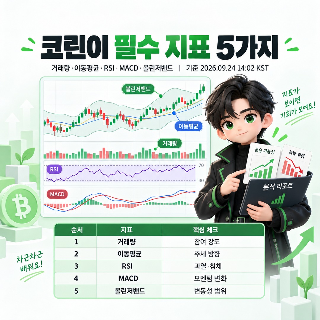 코린이가 꼭 배워야 할 지표 5가지, 거래량·이동평균·RSI·MACD·볼린저밴드 보는 순서