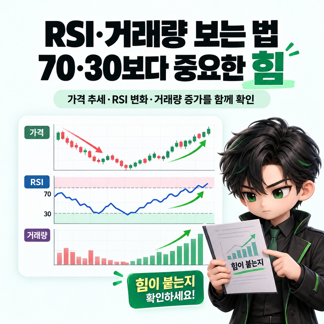 가격 차트 아래 RSI 70·30 기준선과 거래량을 함께 비교해 모멘텀과 시장 참여를 확인하는 예시