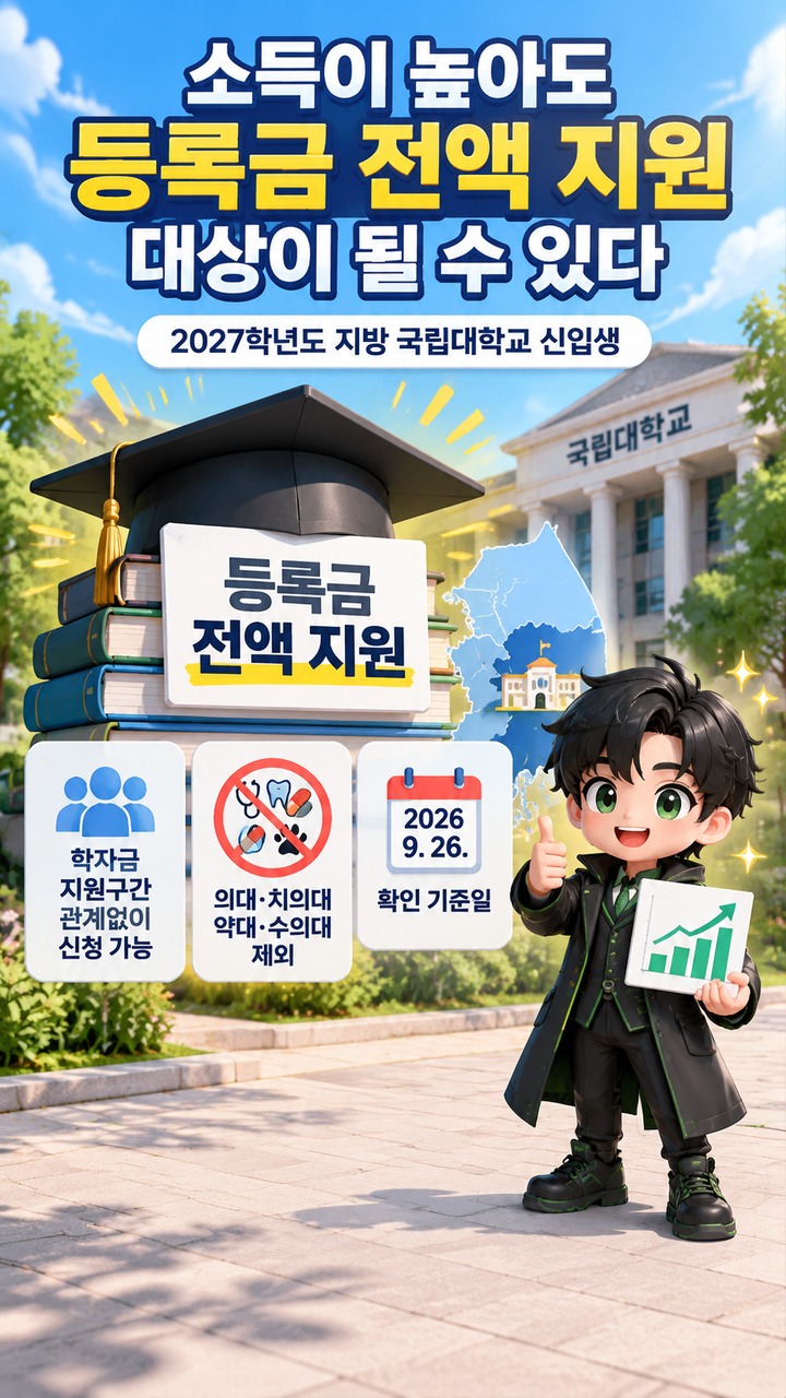 2027학년도 지방 국립대 신입생 등록금 전액 장학금의 소득구간·제외학과·신청 조건 안내
