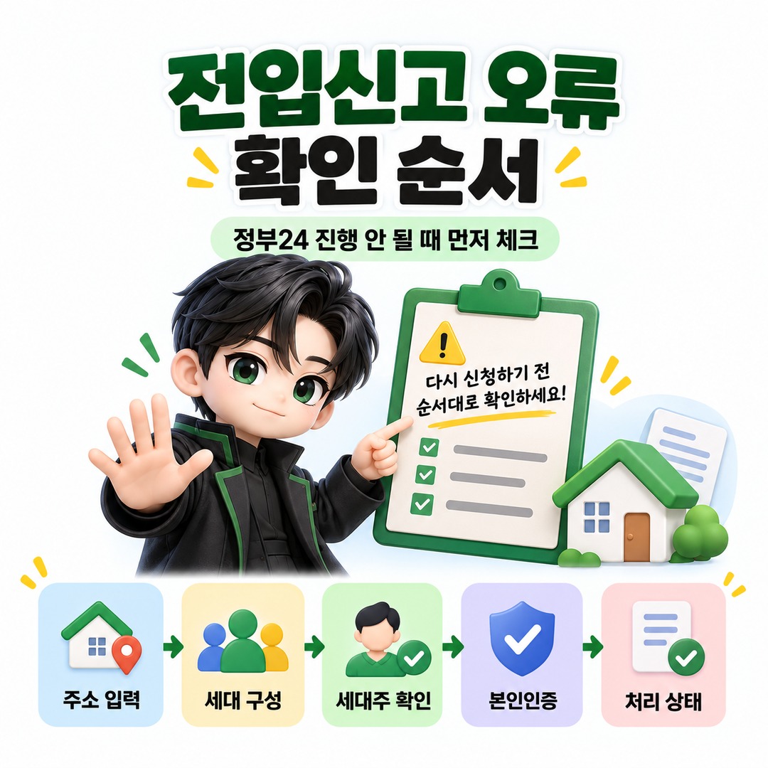 정부24 전입신고 오류 확인 순서를 보여주는 주소 입력과 세대주 확인 안내 이미지