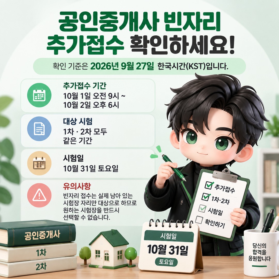 2026년 제37회 공인중개사 정기접수와 10월 1일부터 2일까지 빈자리 추가접수 일정 안내