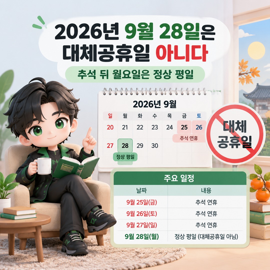 2026년 9월 24일부터 28일까지 추석 연휴와 9월 28일 정상 평일 여부를 보여주는 달력형 안내 이미지