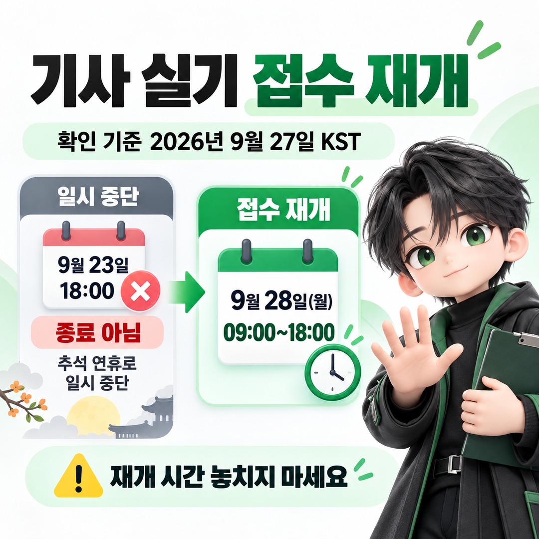 2026년 기사 3회 실기 원서접수가 9월 28일 오전 9시에 재개돼 오후 6시에 마감되는 일정을 보여주는 안내 이미지