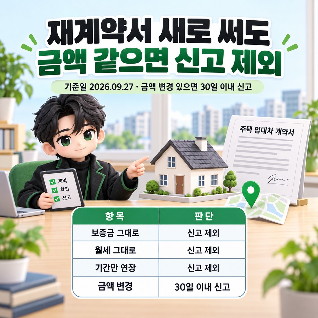 전월세 재계약에서 보증금과 월세 변동 여부에 따라 임대차 신고 대상을 구분한 안내 이미지