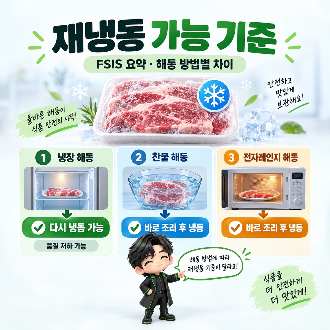 냉동 고기 해동 방법별 재냉동 가능 여부 비교 이미지
